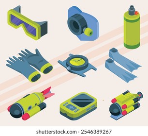 Iconos isométricos de herramientas y equipos de buceo.