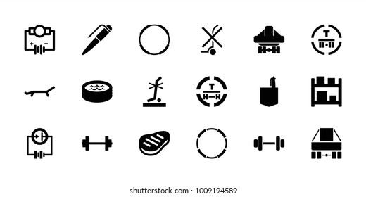 Isometric icons. set of 18 editable filled isometric icons: office room, electricity, barbell, hoop, no standing nearby, cargo terminal, cargo plane back view, storage, beef
