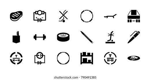 Isometric icons. set of 18 editable filled isometric icons: office room, electricity, fried egg and bacon, barbell, hoop, no standing nearby, cargo terminal, storage