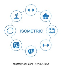 isometric icons. Set of 8 filled isometric icons included barbell, beef, cargo plane back view, no standing nearby on circle background. Editable isometric icons for web, mobile and infographics.