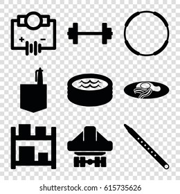 Isometric icons set. set of 9 isometric filled icons such as office room, fried egg and bacon, cargo plane back view, musical pipe, jacuzzi, storage, Electricity, barbell