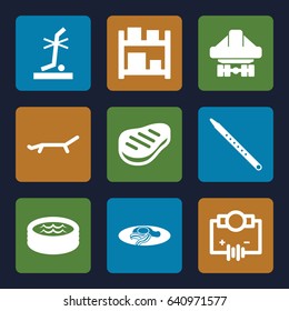 Isometric icons set. set of 9 isometric filled icons such as fried egg and bacon, no standing nearby, cargo plane back view, musical pipe, beef, jacuzzi, sunbed, storage