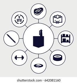 Isometric icons set. set of 9 isometric filled icons such as office room, fried egg and bacon, cargo terminal, musical pipe, beef, jacuzzi, storage, electricity