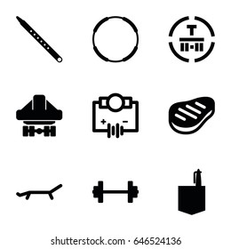 Isometric icons set. set of 9 isometric filled icons such as office room, cargo terminal, cargo plane back view, musical pipe, beef, sunbed, electricity, barbell