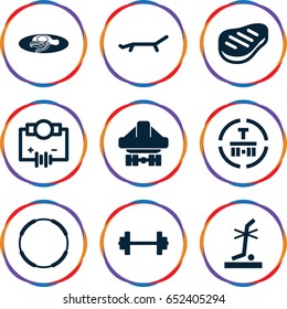 Isometric icons set. set of 9 isometric filled icons such as fried egg and bacon, no standing nearby, cargo terminal, cargo plane back view, beef, sunbed, electricity, barbell