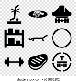 Isometric icons set. set of 9 isometric filled icons such as fried egg and bacon, no standing nearby, cargo terminal, cargo plane back view, beef, sunbed, storage, barbell