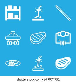 Isometric icons set. set of 9 isometric filled and outline icons such as no standing nearby, beef, storage, fried egg and bacon, cargo plane back view, musical pipe