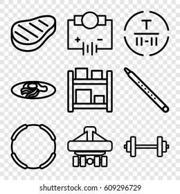 Isometric icons set. set of 9 isometric outline icons such as fried egg and bacon, cargo terminal, cargo plane back view, musical pipe, beef, Electricity, barbell, hoop