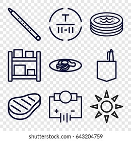 Isometric icons set. set of 9 isometric outline icons such as office room, fried egg and bacon, cargo terminal, musical pipe, beef, jacuzzi, sunbed, electricity