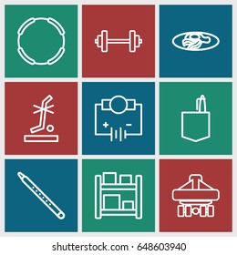 Isometric icons set. set of 9 isometric outline icons such as fried egg and bacon,  musical pipe, electricity, barbell