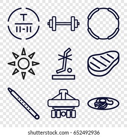 Isometric icons set. set of 9 isometric outline icons such as fried egg and bacon, no standing nearby, cargo terminal, cargo plane back view, musical pipe, beef, sunbed