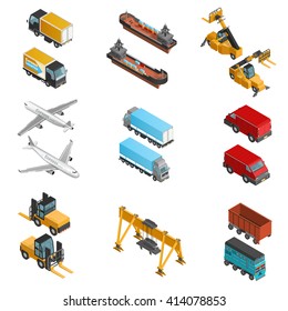 Isometric icons set of air land and water cargo transport vehicles with different loading machines isolated vector illustration