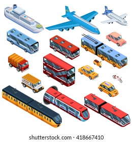 Isometric icons set of air water and land passenger transport with city bus city tram plane and delivery automobile isolated vector illustration 