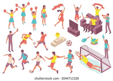 Iconos isométricos ambientados con atletas jugando a animadores de fútbol y fans viendo deportes en la ilustración vectorial de televisión