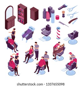 Isometric icons set with barbershop furniture tools and people coloring hair and shaving 3d isolated vector illustration