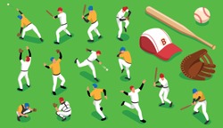Isometric Icons Set With Baseball Teams And Sports Outfit Isolated On Green Background 3d Vector Illustration
