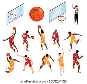 Isometric icons set with basketball players ball basket and referee 3d isolated vector illustration