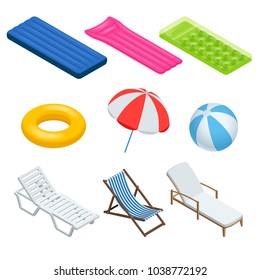 Conjunto de iconos isométricos de elementos y objetos Beach. Ilustración de vectores aislados. sombrillas, tumbonas, juegos, colchonetas para nadar y la playa.Disfrutando del bronceado.