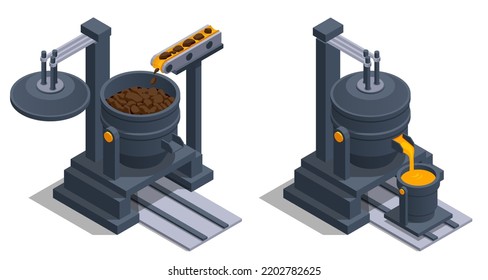 Isometric icons set with Blast furnace slag and pig iron tapping. Iron and steel Industry. Hot steel pouring in steel plant