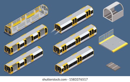 Isometric icons set with colored subway elements isolated on blue background vector illustration