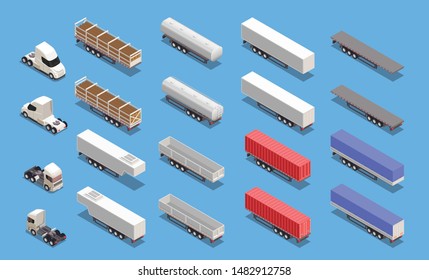 Isometric icons set with colorful cargo trailers and trucks isolated on blue background 3d vector illustration