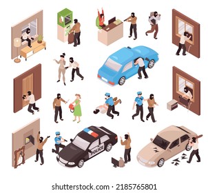 Isometric icons set with criminal police burglar and robbery scenes isolated vector illustration