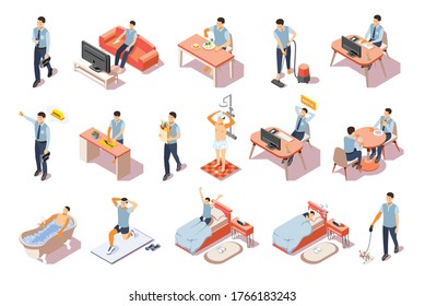 Isometric icons set with daily routine of man in morning afternoon evening 3d isolated vector illustration