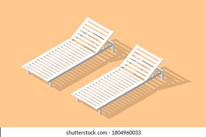 Isometric icons set of deck chair or beach chaise longue. Sunbeds with shadow. Flat 3d isometric vector illustration. Enjoying suntan