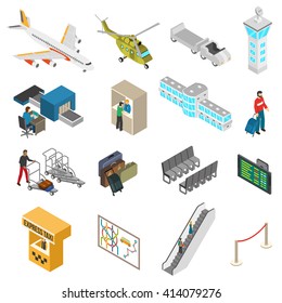 Isometric icons set of different airport elements from airplane and terminal to passenger and taxi isolated vector illustration