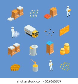 Isometric icons set of different beekeeping apiary elements like honey bee hives apiarist isolated vector illustration