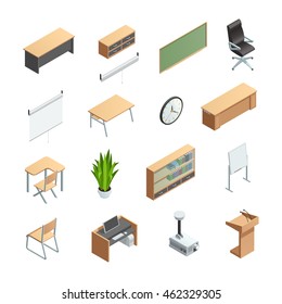 Isometric icons set of different classroom interior elements like furnitures equipments and other isolated vector illustration