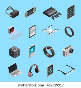 Isometric icons set of different electronic gadgets for communication playing music photo and other functions isolated vector illustration