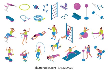 Isometric icons set with different fitness equipment and people using it during workout 3d isolated vector illustration