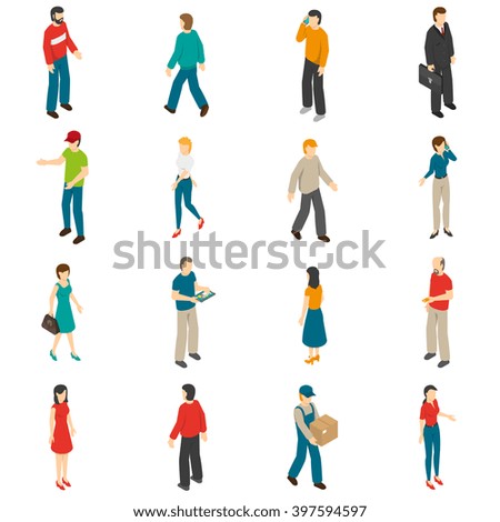 Isometric icons set of different people diverse by job education level sex clothes hairs isolated vector illustration