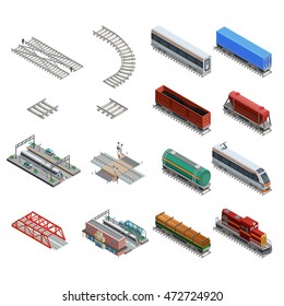 Isometric icons set of different train station elements like rails railway carriage locomotive and others isolated vector illustration