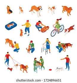 Isometric icons set with dogs and sitters looking after pets 3d isolated vector illustration