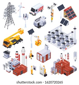 Isometric icons set with electricity production equipment power station electrician isolated on white background 3d vector illustration