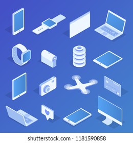 
Isometric icons set of electronic gadgets: phone, laptop, computer, clock, tablet, drone, camera, bank card. Vector illustration