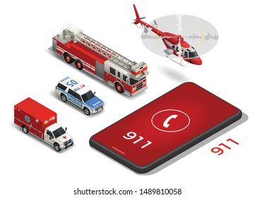 Isometric icons set with emergency service transport and smartphone dialing 911 number isolated on white background 3d vector illustration