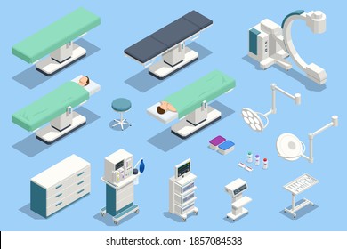 Icono isométrico conjunto de equipos y equipos médicos en sala de operaciones moderna. Dispositivos médicos para la neurocirugía.