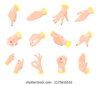 Isometric icons set with female hands gestures expressing different emotions isolated on white background 3d vector illustration
