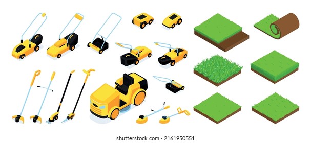 Isometric icons set of grass samples and lawn movers and electric trimmers isolated vector illustration