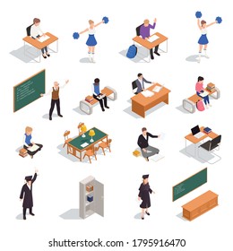 Isometric icons set with high school students teachers graduates and classroom furniture 3d isolated vector illustration