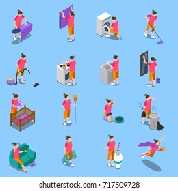 Isometric icons set with housewife during home cleaning, cooking, child care on blue background isolated vector illustration