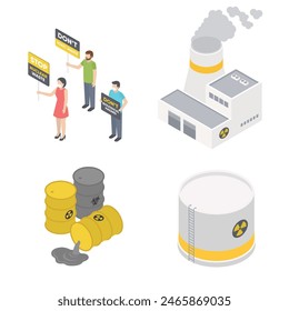 Isometric icons set with humans protest action against. Industrial pollution set.