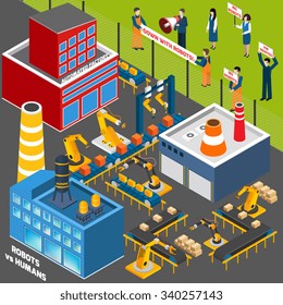 Isometric icons set  with  humans  protest action against the concept of automation industry  vector illustration
