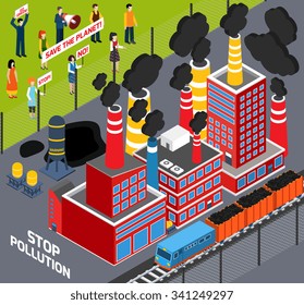   Isometric icons set  with  humans  protest action against Industrial pollution  vector illustration