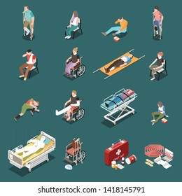 Isometric icons set with injured male and female people and first aid kit 3d isolated vector illustration