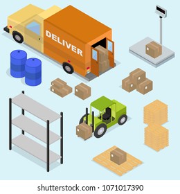 Isometric icons set of logistics and delivery, scales, boxes, forklifts, and cargo. In vector