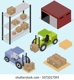 Isometric icons set of logistics and delivery, warehouse, boxes, forklifts, and cargo. In vector